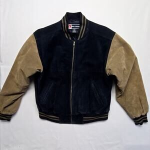 Free Country Leather Varsity Jacket Black Tan Bomber Style M Retro